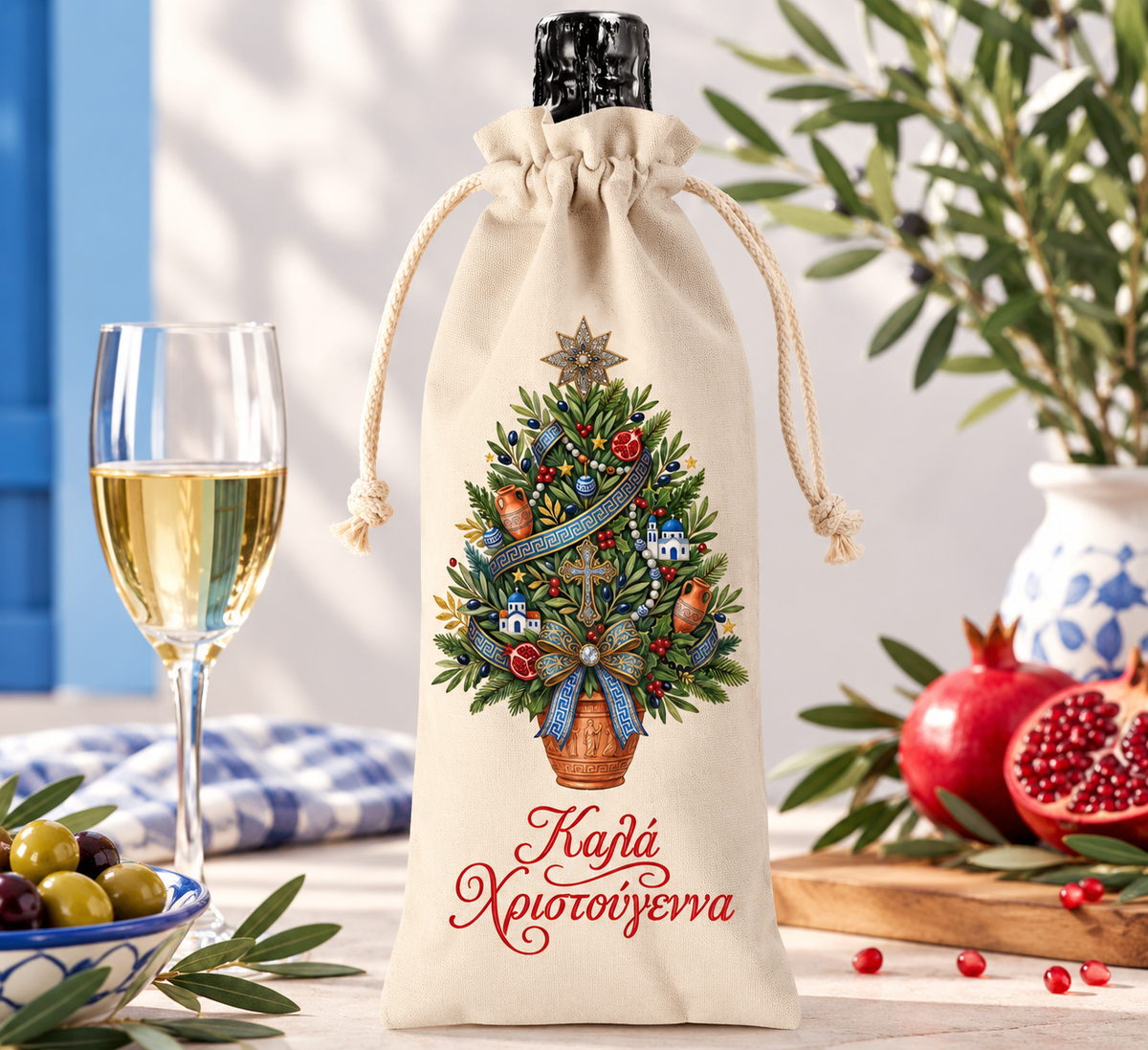 Greek Christmas tree wine bottle gift bag with pomegranates, amphorae, olive branches and festive Greek details.