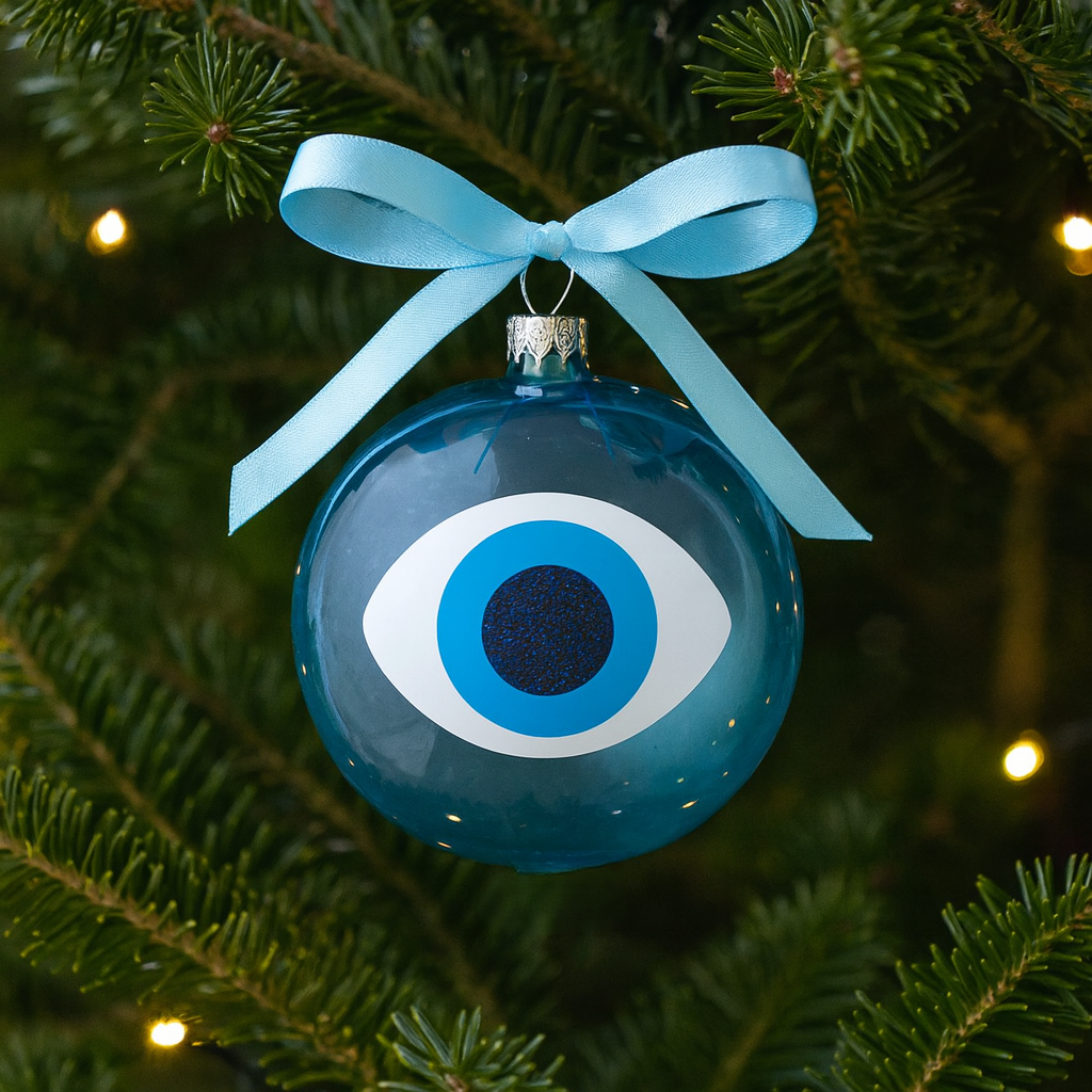 Turquoise glass ornament with and evil eye mati design on a Christmas tree