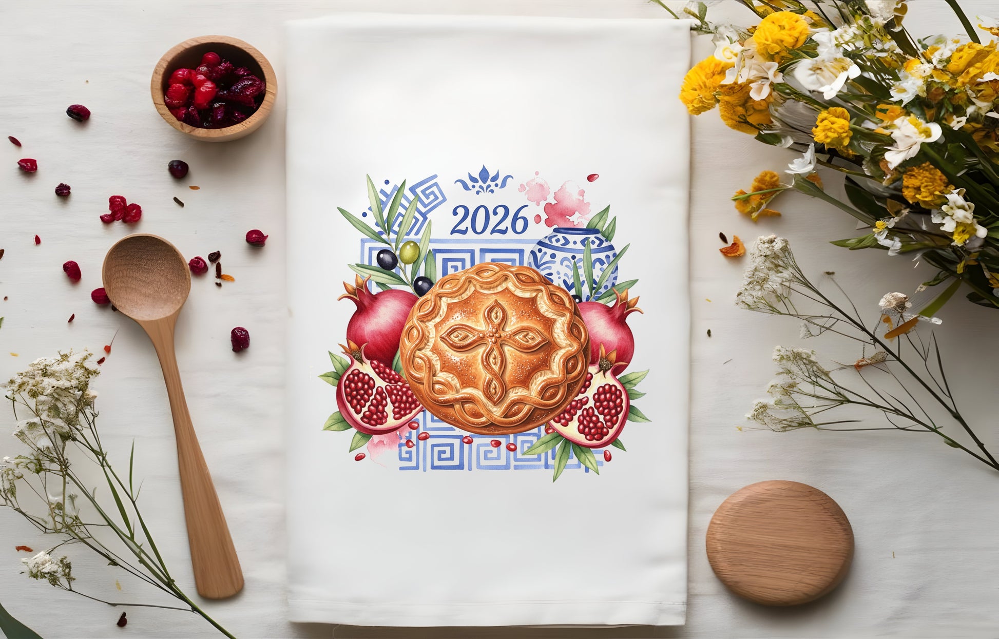 Decorative tea towel with 2026 design featuring a vasilopita with cross design, and  pomegranates, 