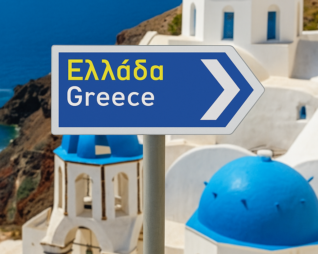 Original aluminium Greek street arrow sign with blue lettering, designed and made in Australia.