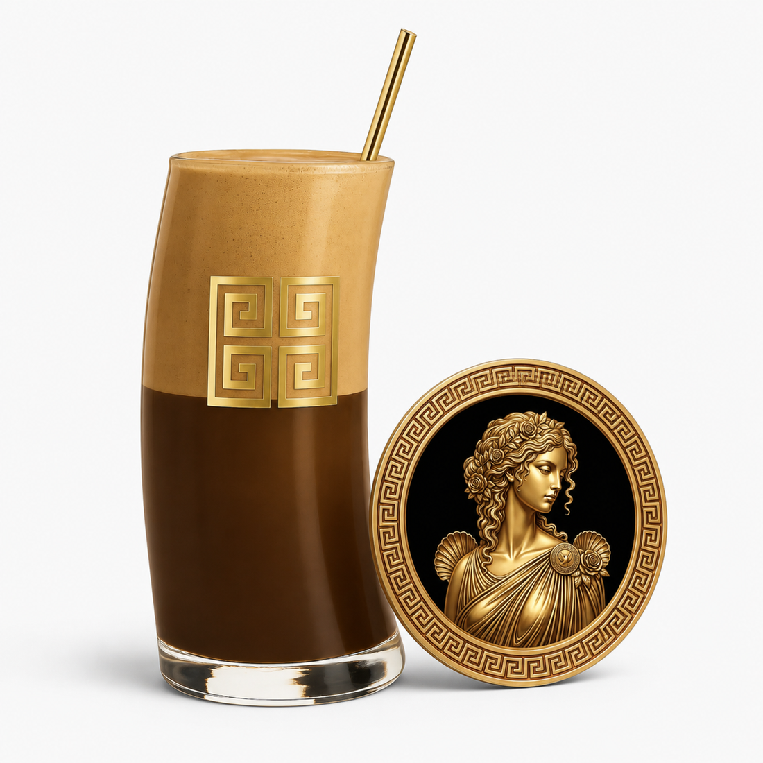 Aphrodite Greek Goddess Frappe Glass Gift Set featuring a Greek Key Wave Frappe Glass, Aphrodite coaster and gold stainless steel straw. Greek-inspired gift for coffee lovers.