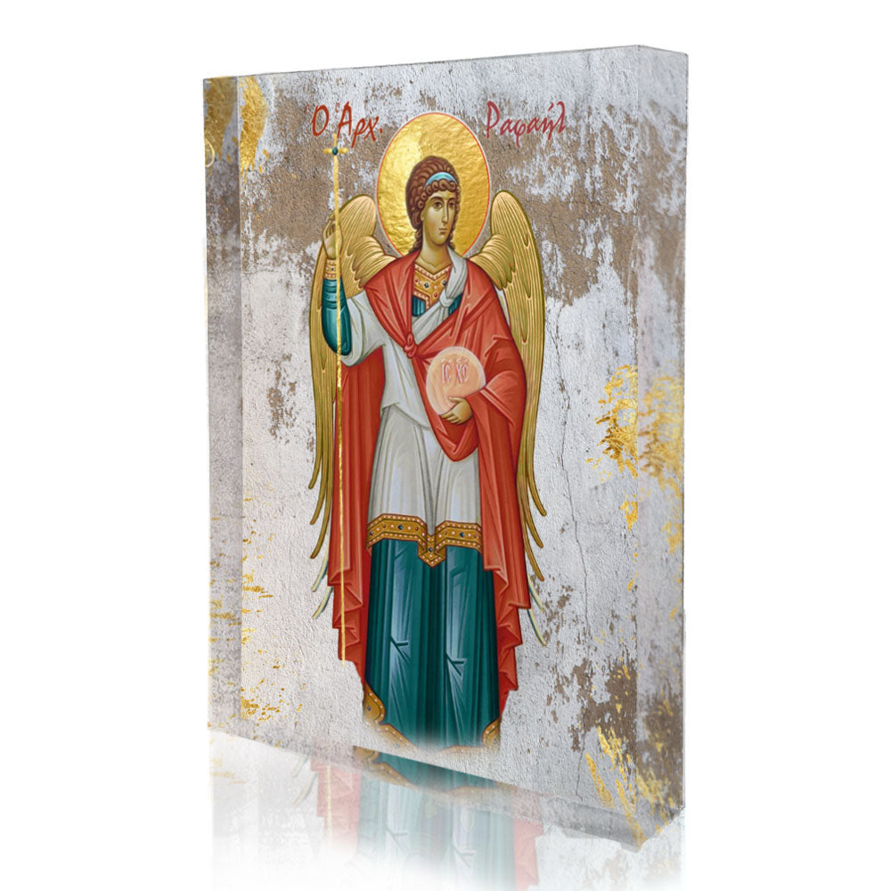 Orthodox plexiglass acrylic icon of Archangel Raphael the healer, shown full-body with staff and healing vessel. Handmade Greek icon with gold wings and textured background.