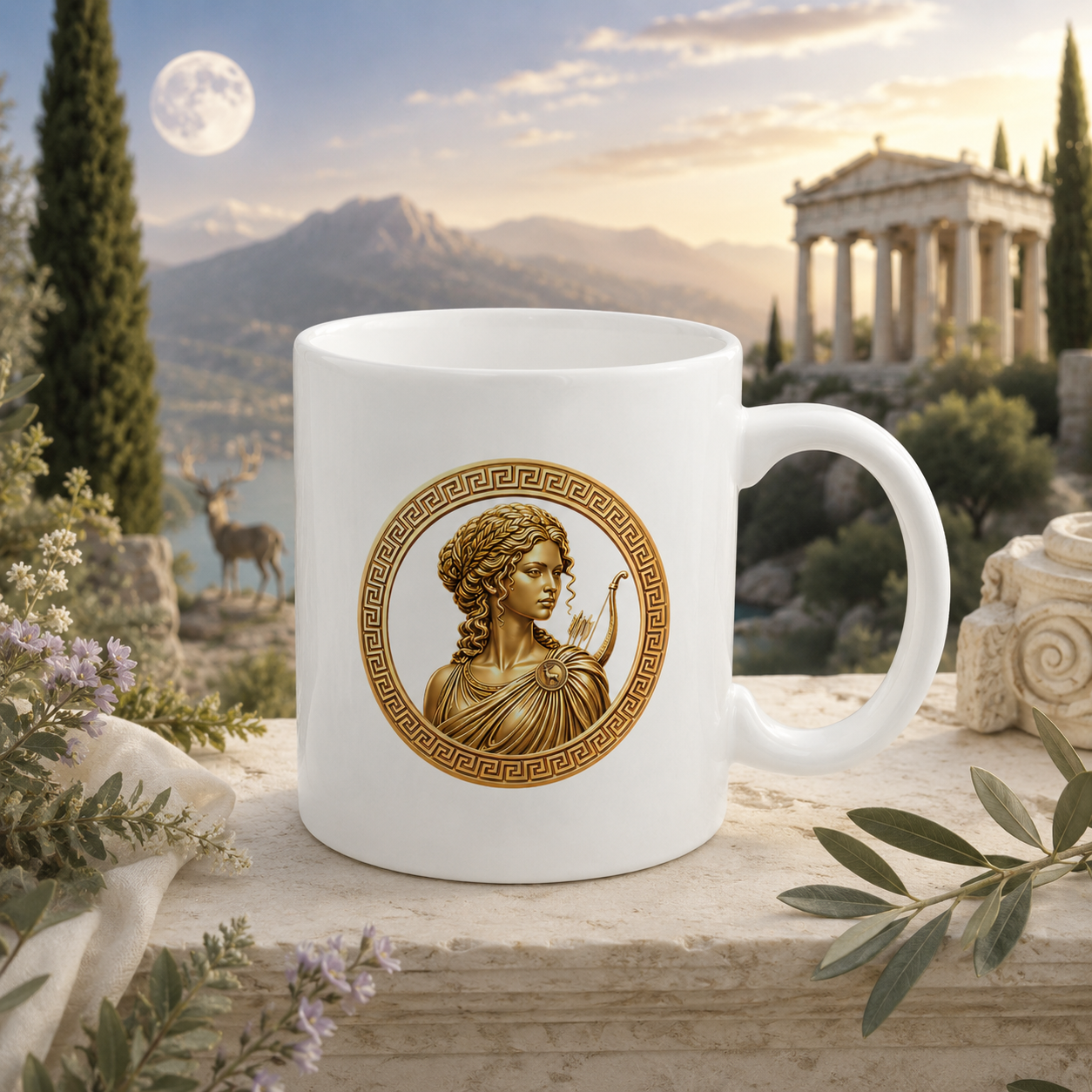 Artemis Greek Goddess ceramic mug with Greek mythology artwork, styled with a moon and nature inspired background.