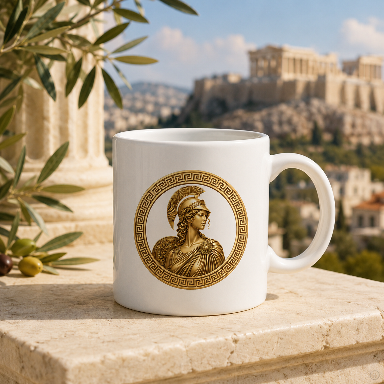 Athena Greek Goddess ceramic mug with Greek mythology artwork, styled with an Athens inspired background.