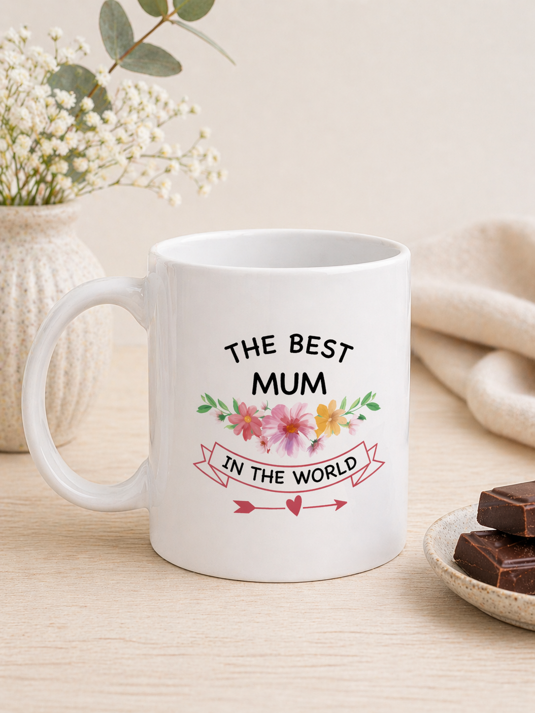 White ceramic mug with The Best Mum In The World text and floral design. Gift mug for mum.