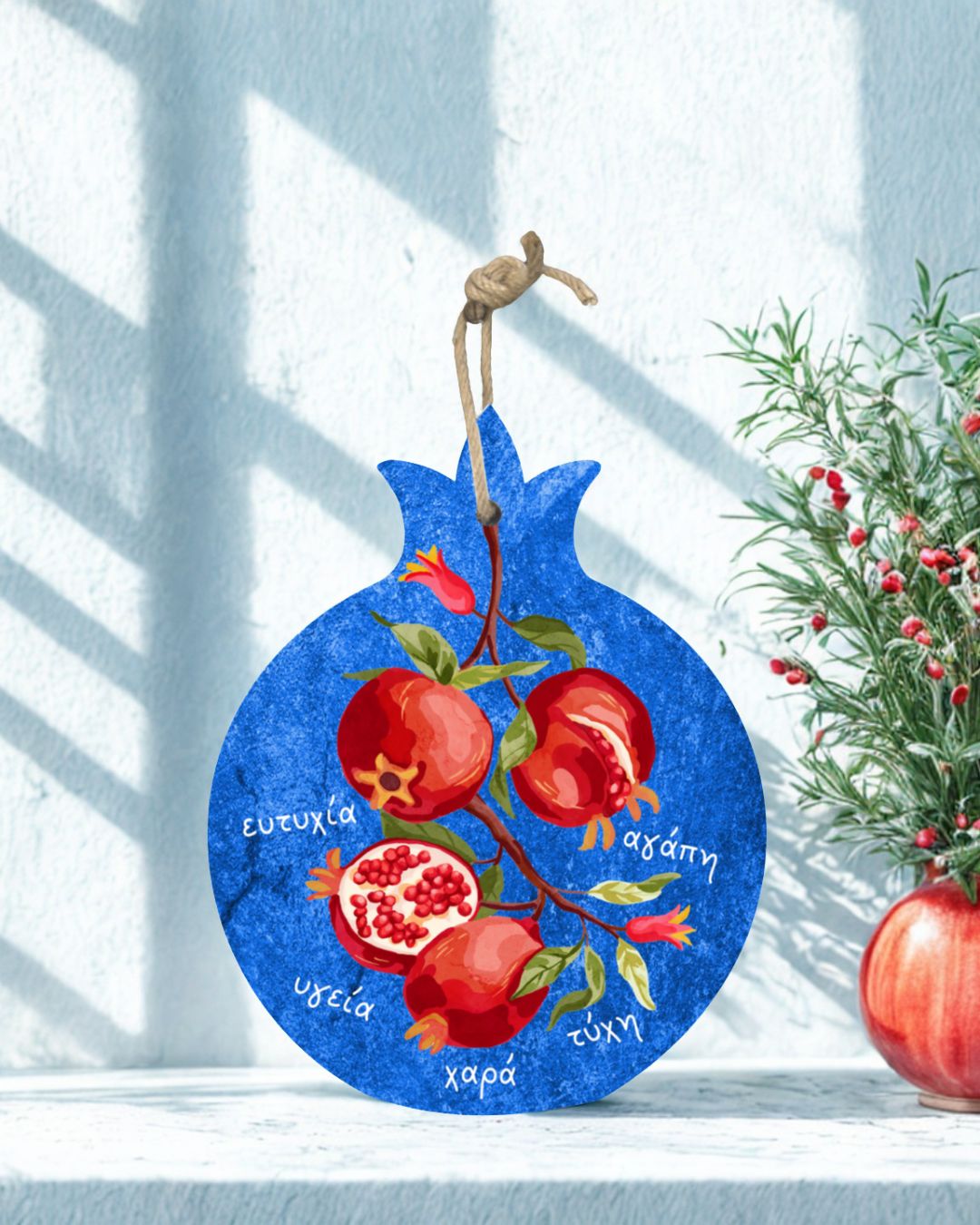 Gloss ceramic Greek-inspired pot stand and decorative plaque with cork backing.