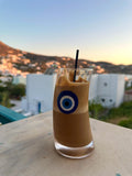 Best-selling blue evil eye Original Wave Frappe Glass 4 Pack by Miss Ble Blu for Greek frappe, freddo espresso and iced coffee.