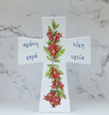Ceramic cross with pomegranate blossoms—love, joy, luck, health. Bright Greek wall décor, Australian-made; great for new-home, thank-you or hostess gifting.