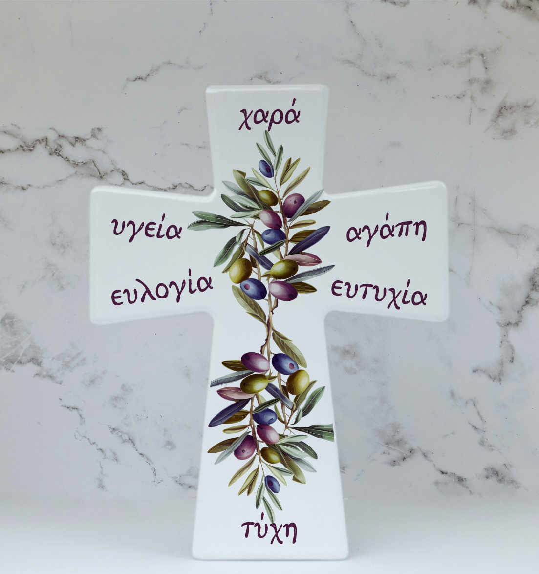 Handmade ceramic cross with colourful Greek olives—love, happiness, blessing. Premium wall décor for kitchen or entryway. Australian-made; perfect Greek-style gift.