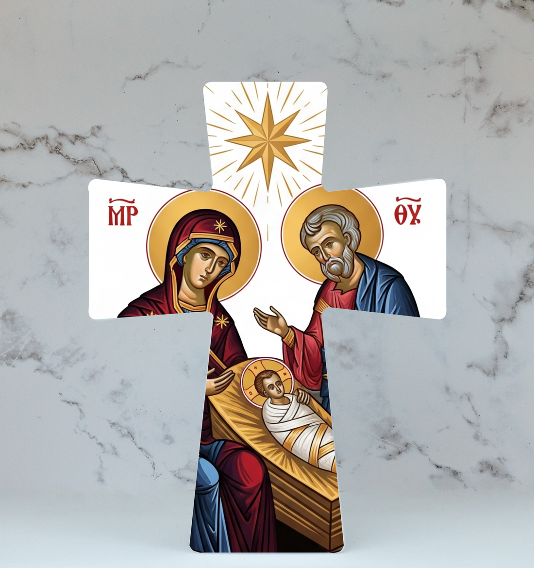 Decorative cross with religious iconography on a marble background