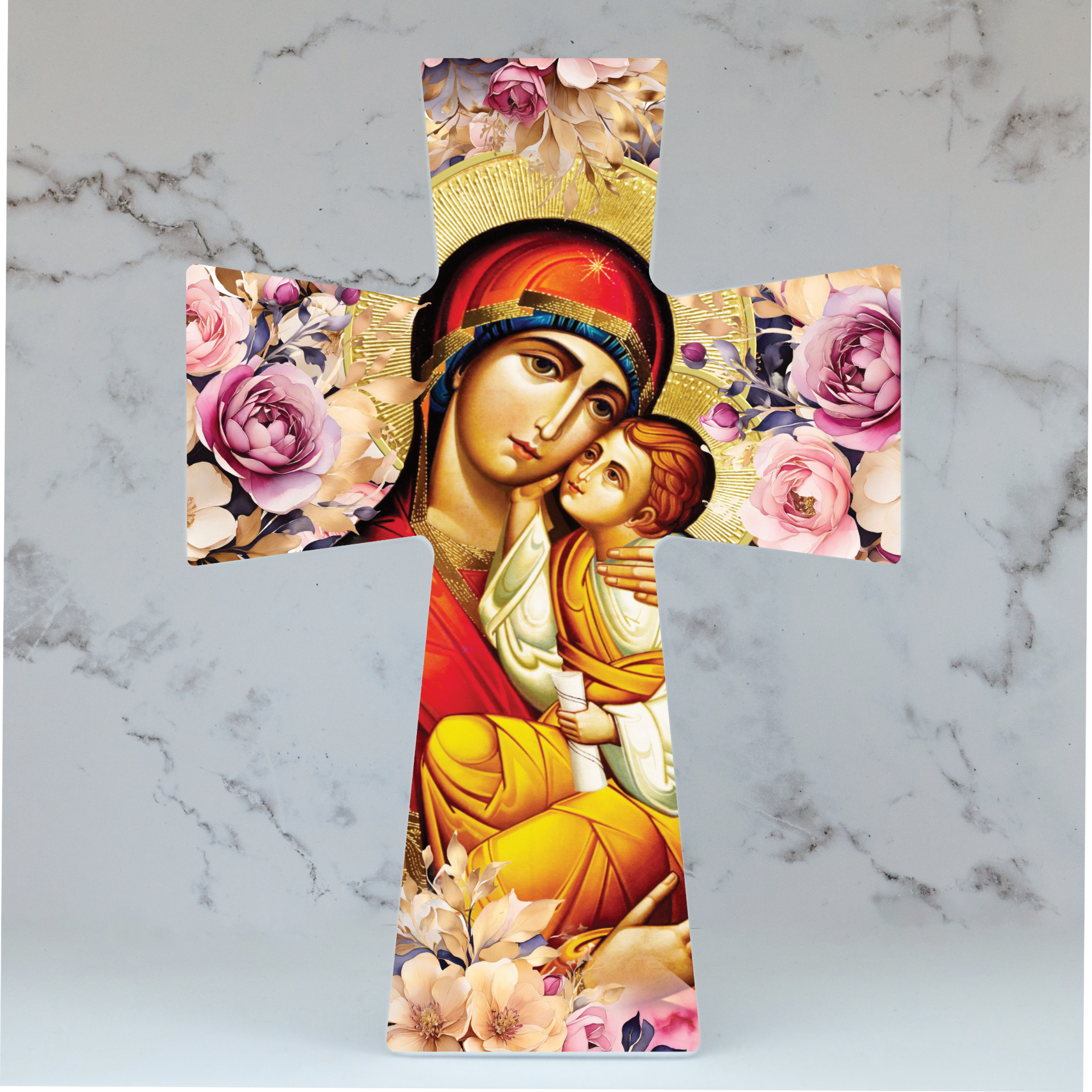 Ceramic cross with floral Panayia and Christ design. Greek mother and child artwork for home décor or gifting.