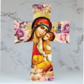 Ceramic cross with floral Panayia and Christ design. Greek mother and child artwork for home décor or gifting.