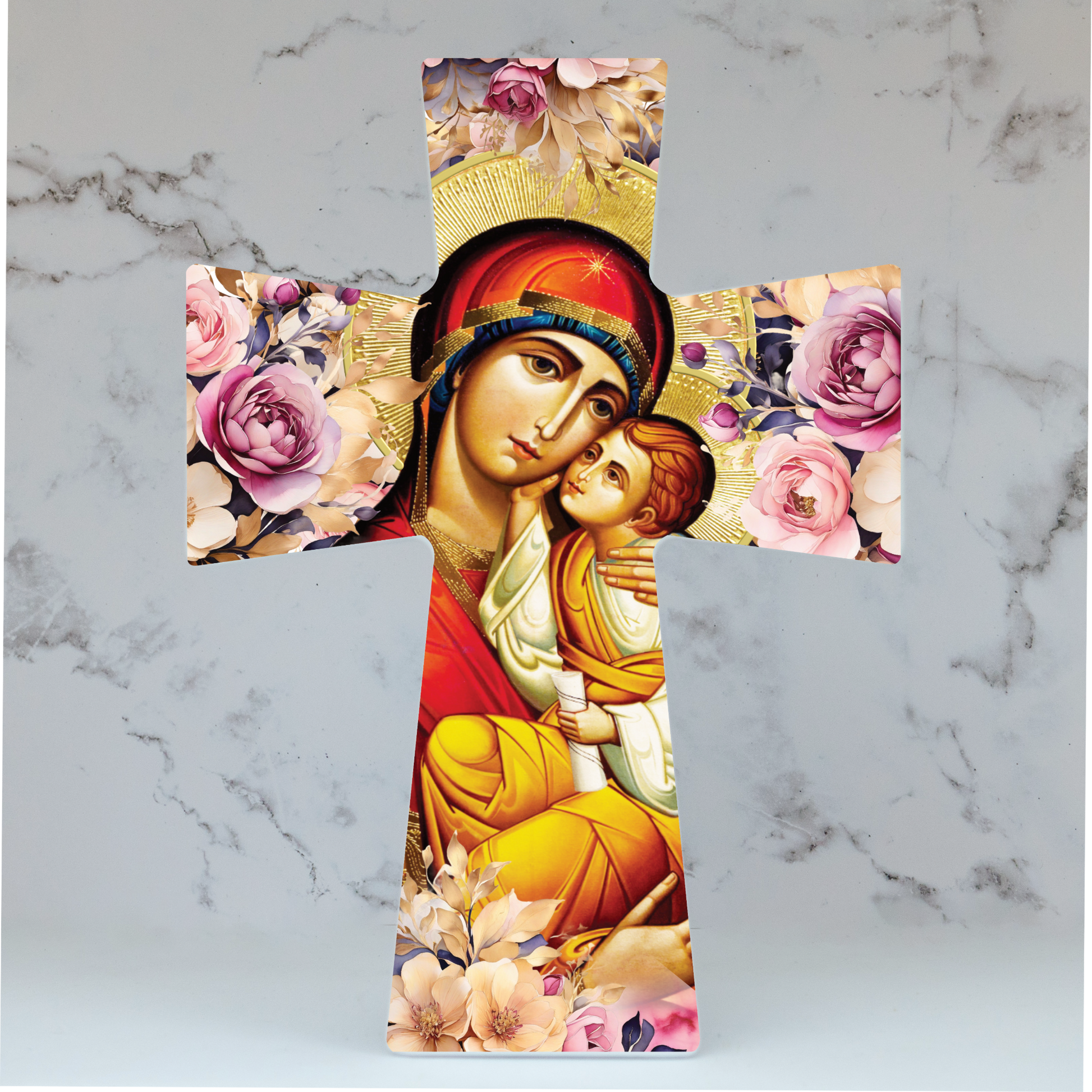 Ceramic cross with floral Panayia and Christ design. Greek mother and child artwork for home décor or gifting.