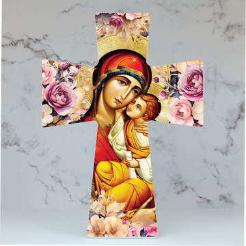 Ceramic cross with floral Panayia and Christ design. Greek mother and child artwork for home décor or gifting.