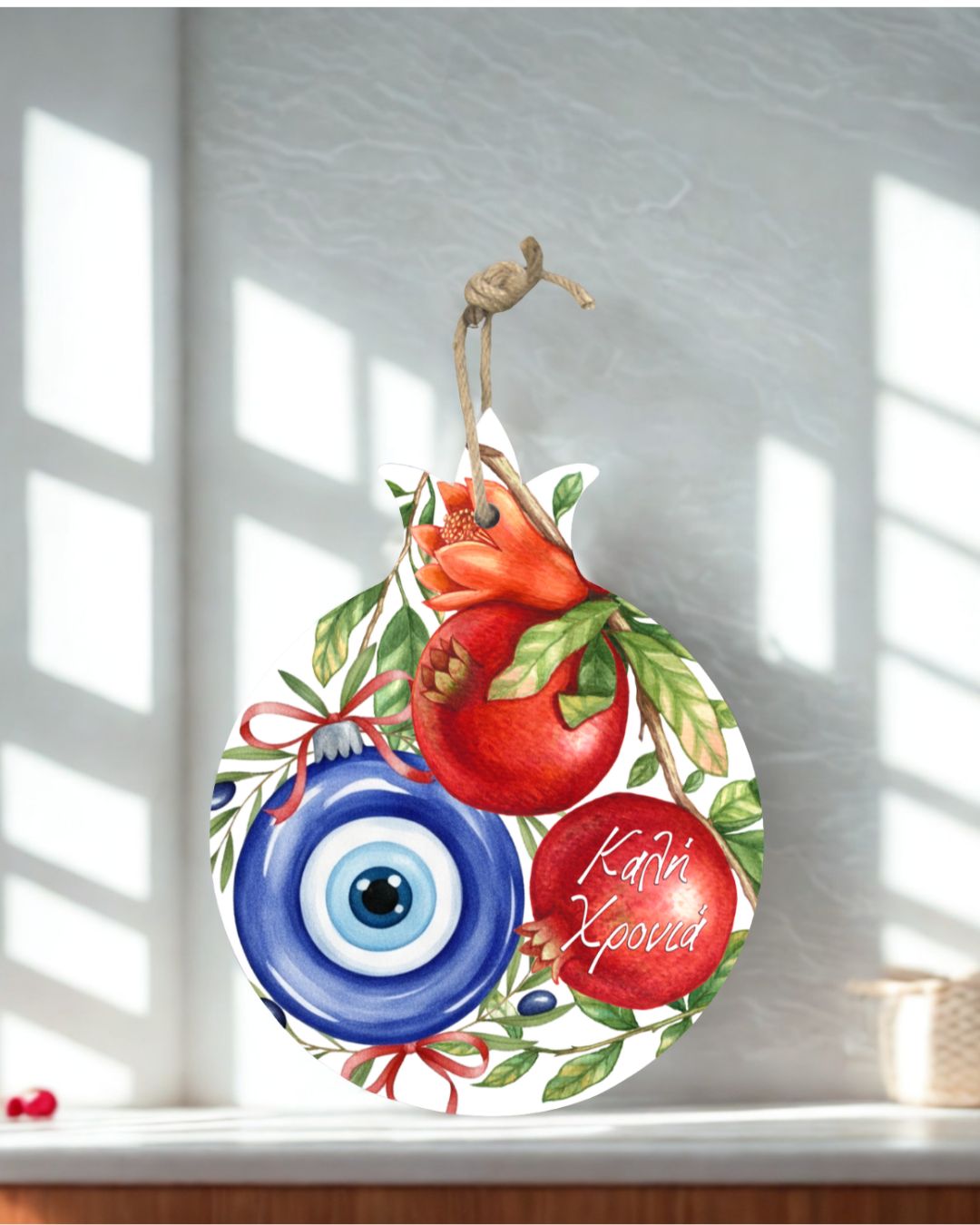 Decorative hanging ornament with pomegranate, blue evil eye, and red ball on a white background