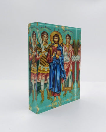 Orthodox icon of Christ with Archangels Michael and Gabriel. Handmade Greek icon featuring Christ with the Archangels, designed with 3D depth and vibrant detail.