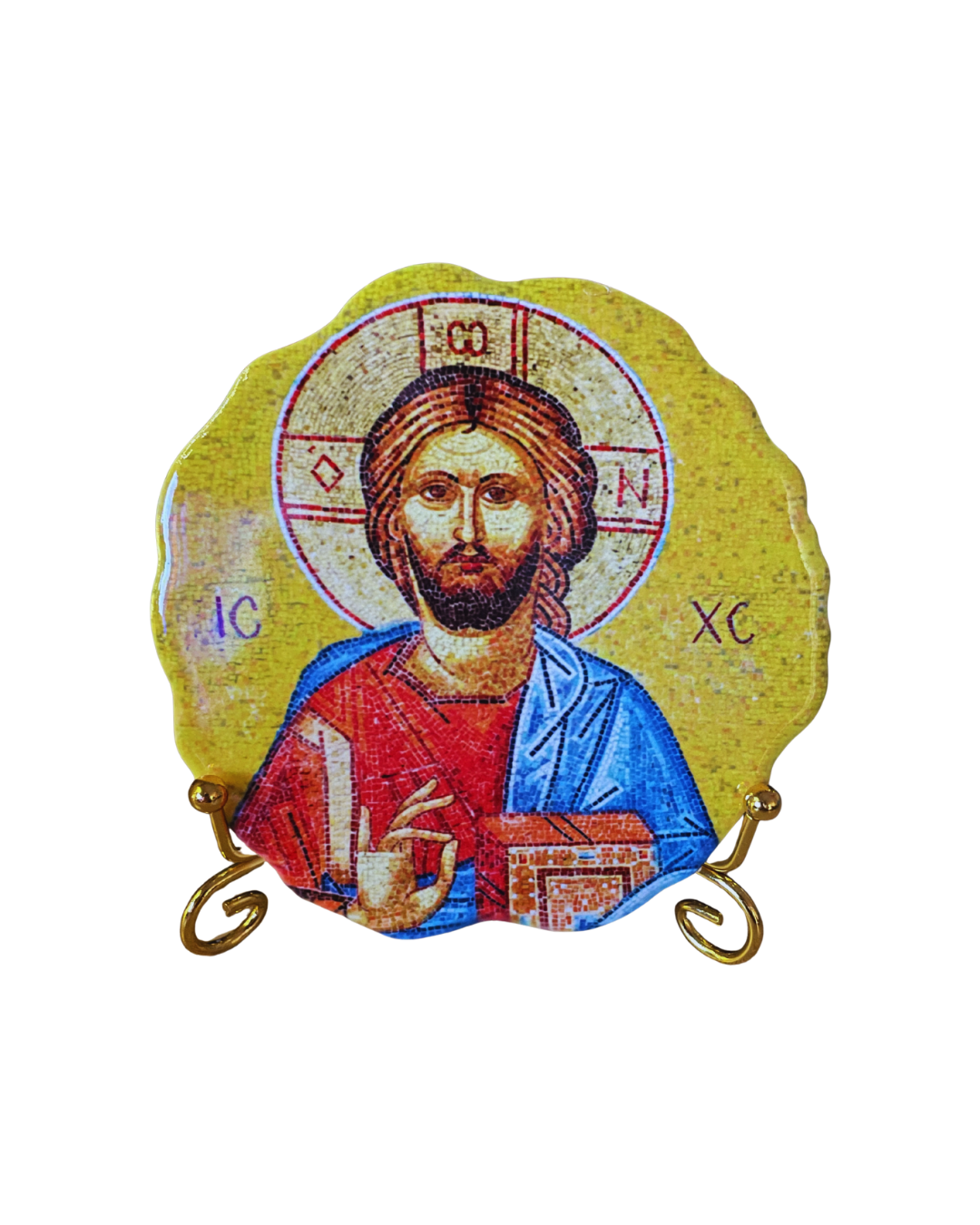 Small round Christ Pantocrator icon plate displayed on metal stand.