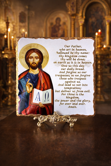 Greek Orthodox slate icon of Christ with the Lord’s Prayer in English. Handmade devotional plaque for prayer corner or home altar, made in Australia.