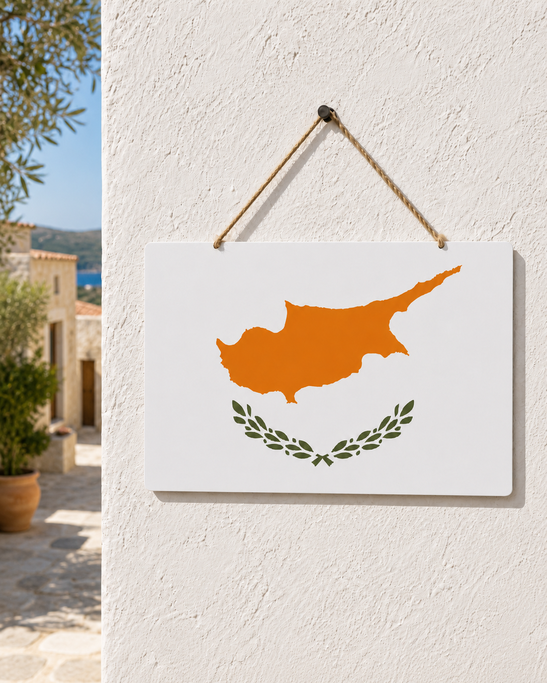 Cyprus flag metal sign with hanging cord for Cypriot wall decor