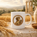 Demeter Greek Goddess ceramic mug with Greek mythology artwork, styled with a harvest and wheat inspired background.