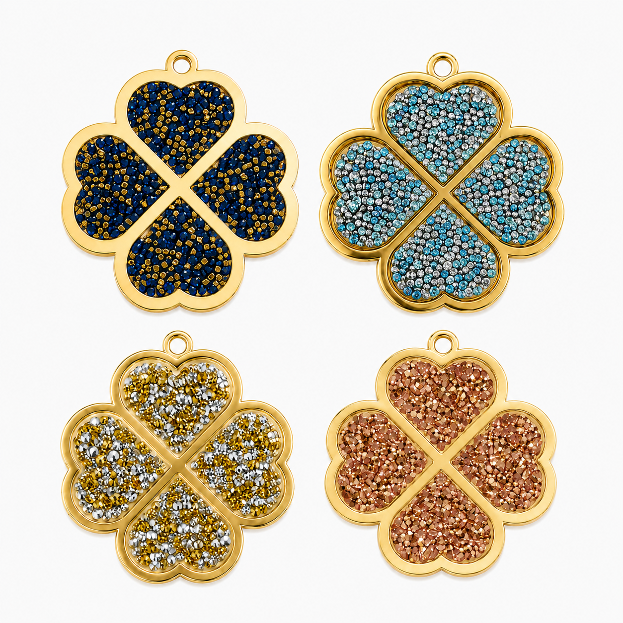 Four leaf clover gouri rhinestone colour options including Gold Blue, Gold Light Blue, Gold Silver and Gold Pink.