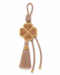 Four leaf clover lucky charm gouri with gold pink rhinestones, mocha cord, tassel and small 26 tag.