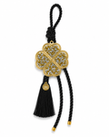 Four leaf clover lucky charm gouri with gold silver rhinestones, black cord, tassel and small 26 tag.