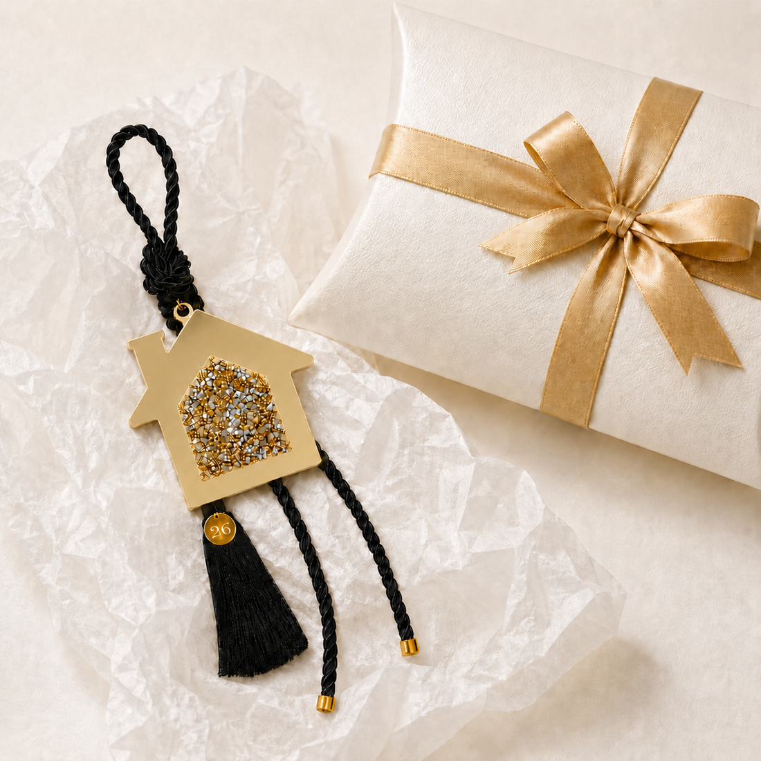 Gold acrylic house gouri lucky charm with gold and pink rhinestones, mocha cord and tassel