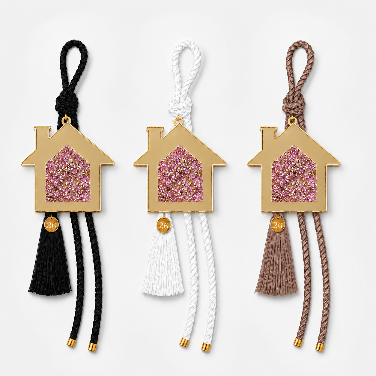 Gold acrylic house gouri lucky charms with gold and pink rhinestones in black, white and mocha cord options