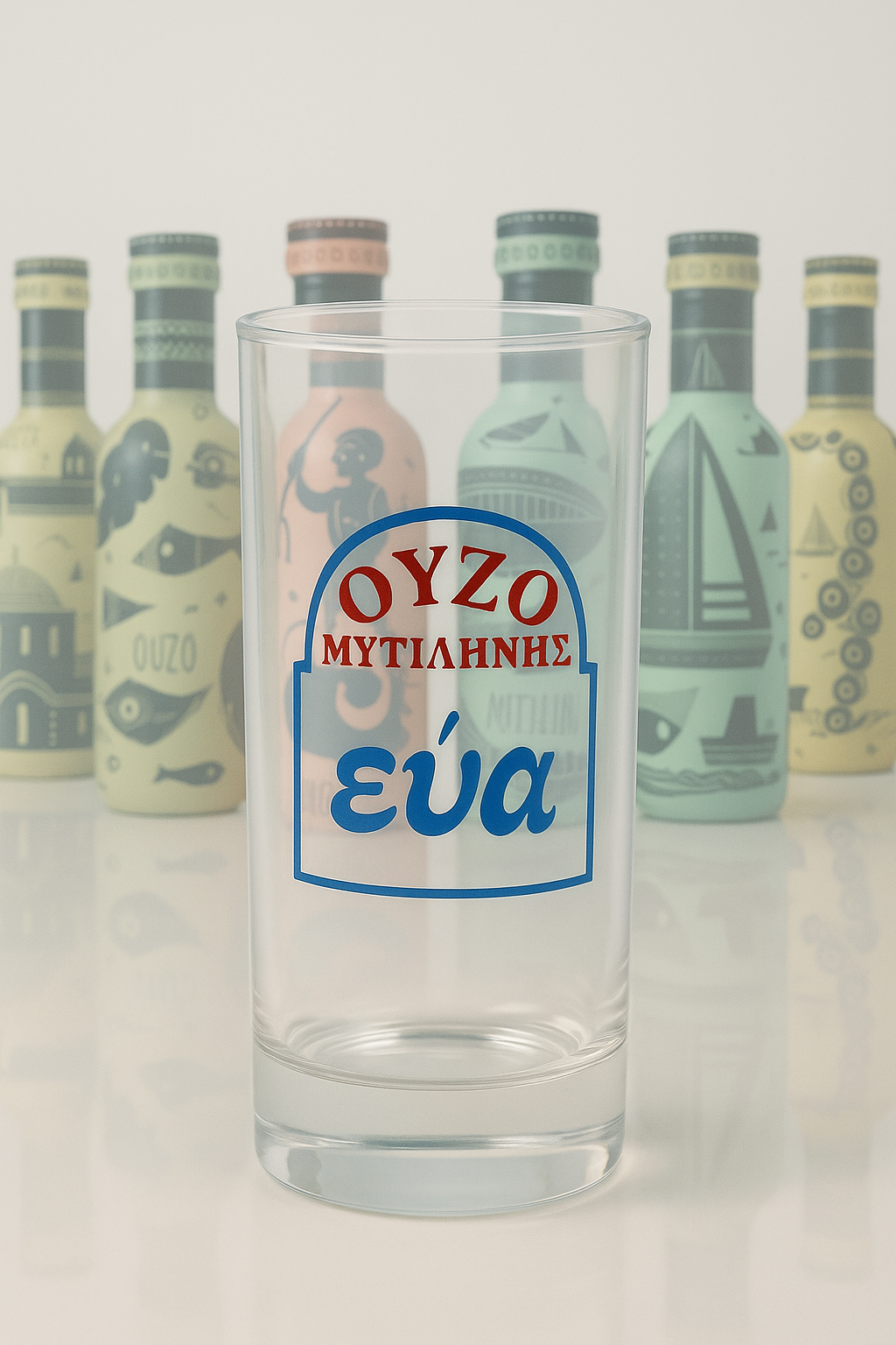 Greek Ouzo Gift Set featuring ouzo glass, 50ml Ouzo Mytilini bottle, and ouzo lollies.