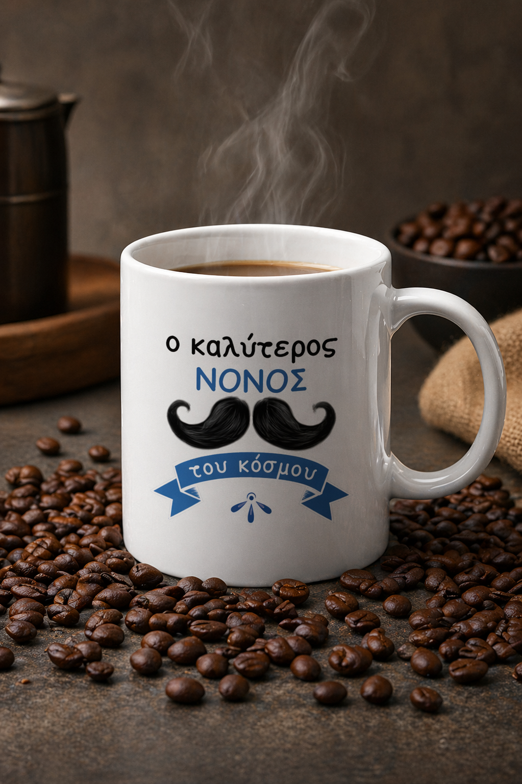 White ceramic mug for Nono with moustache design, styled with coffee beans in a neutral setting.