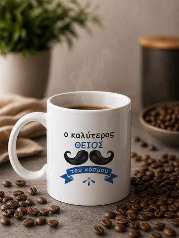 White ceramic mug for Thio with Greek text and moustache design, styled with coffee beans in a neutral setting.