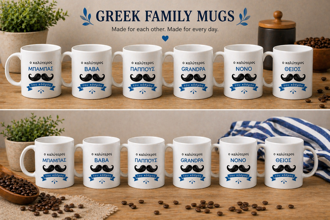 Greek ceramic mugs for Baba, Pappou, Nono and Thio with moustache design, styled in a neutral setting