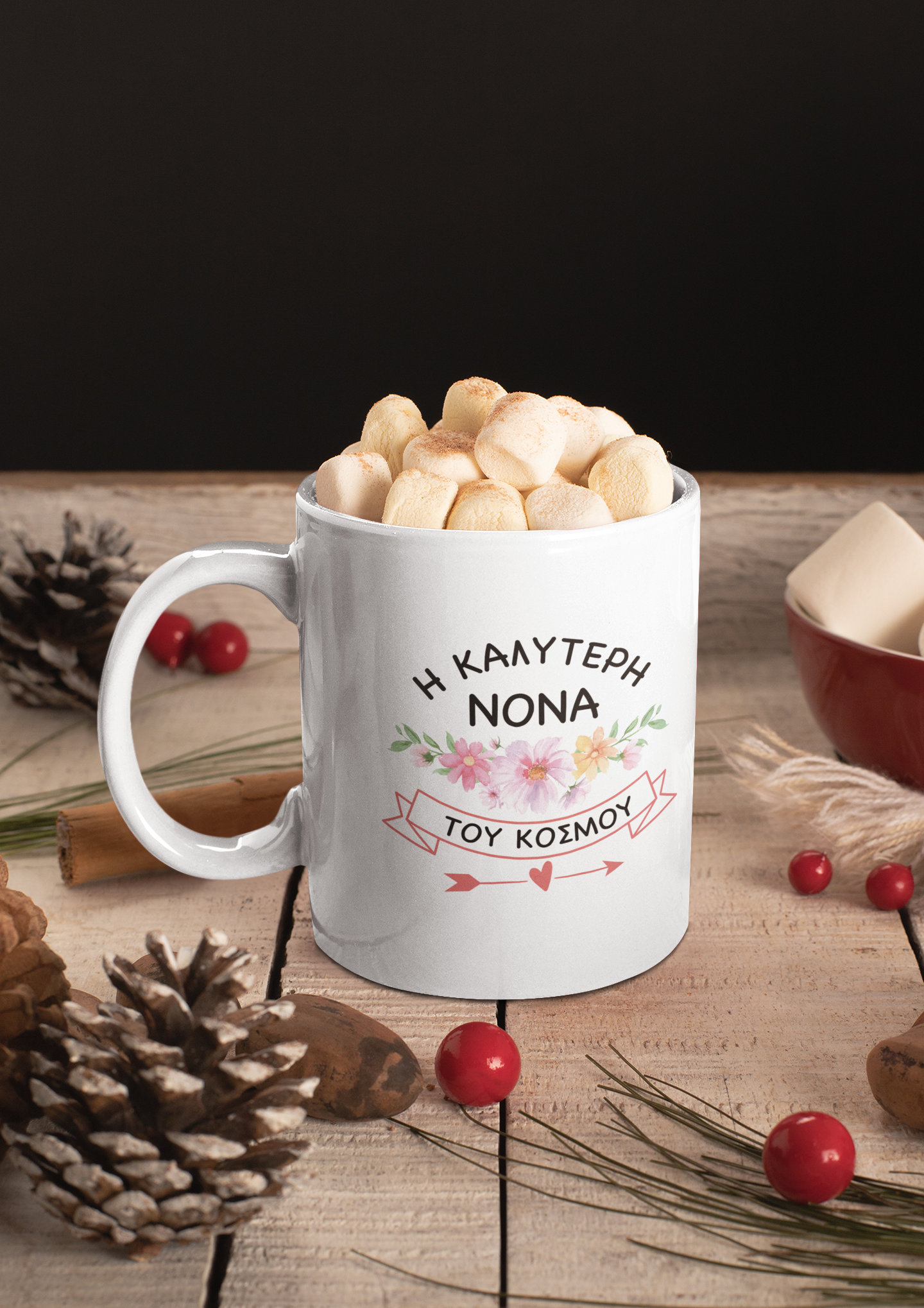 Greek ceramic mugs featuring heartfelt designs for Yiayia (grandmother), Mama (mum), Nona (godmother), and Thia (aunt) — meaningful gifts for the special women in a Greek family.