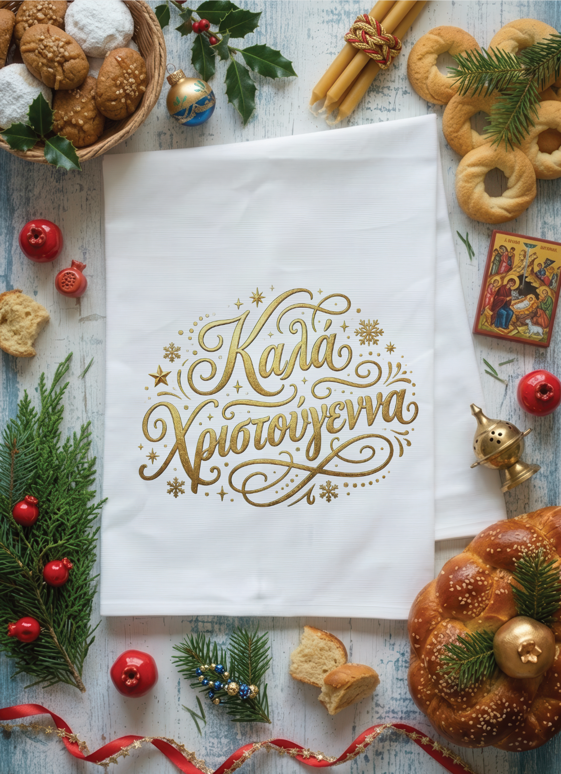 Greek Christmas tea towel with decorative gold script Christmas greeting