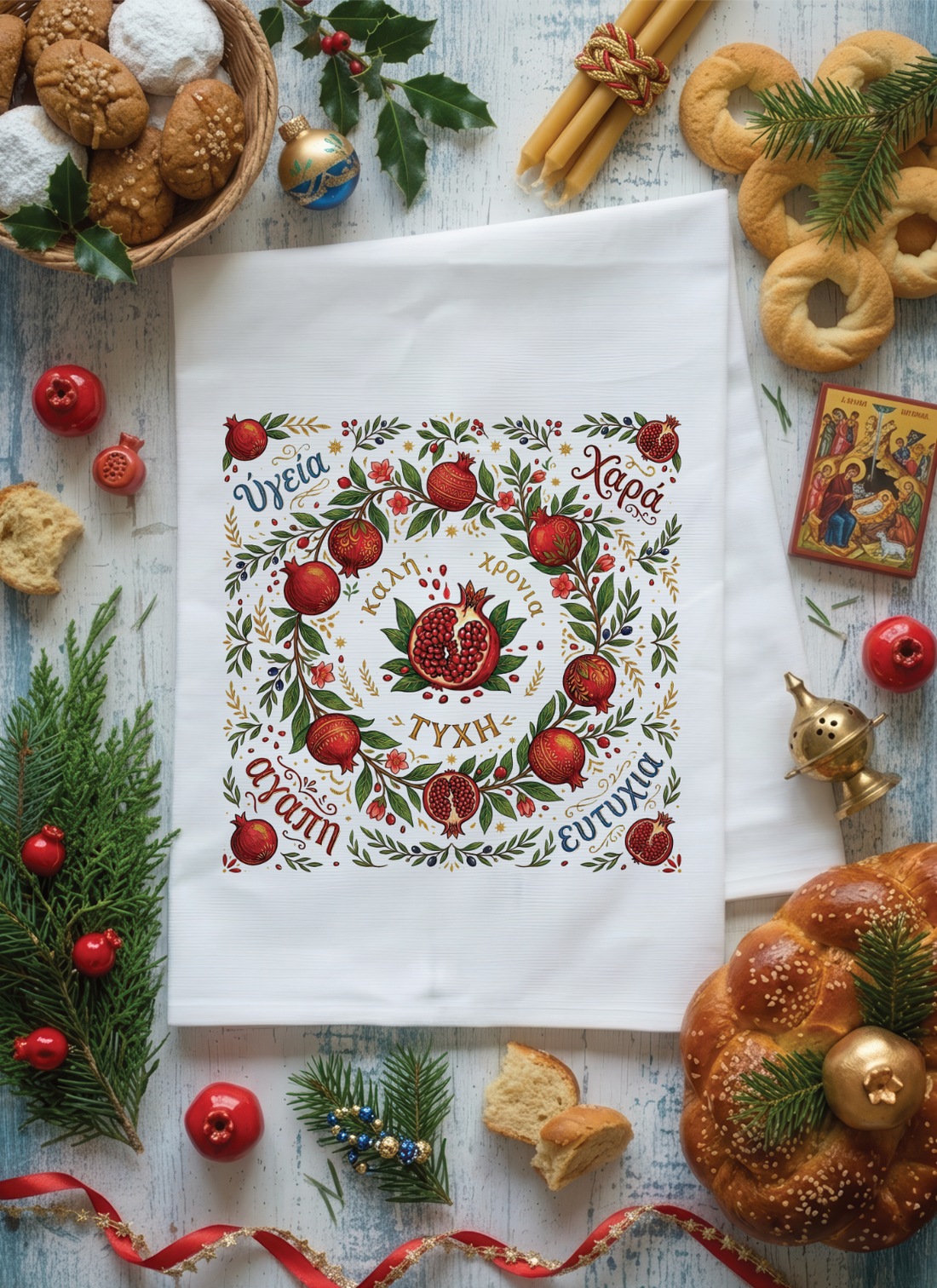 Greek Christmas tea towel with decorated Christmas tree and Greek festive greeting