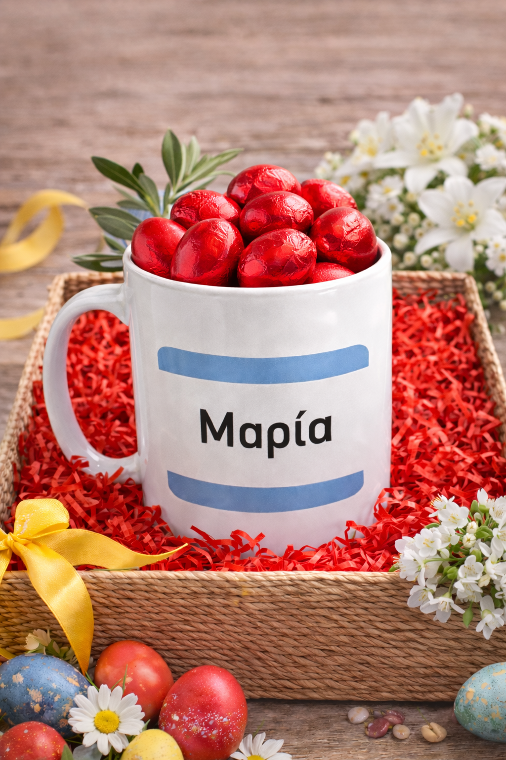 Personalized white mug labeled “Μαρία,” filled with red foil-wrapped chocolate Easter eggs and set in a wicker basket with red shredded paper and a yellow ribbon on a rustic wooden table.