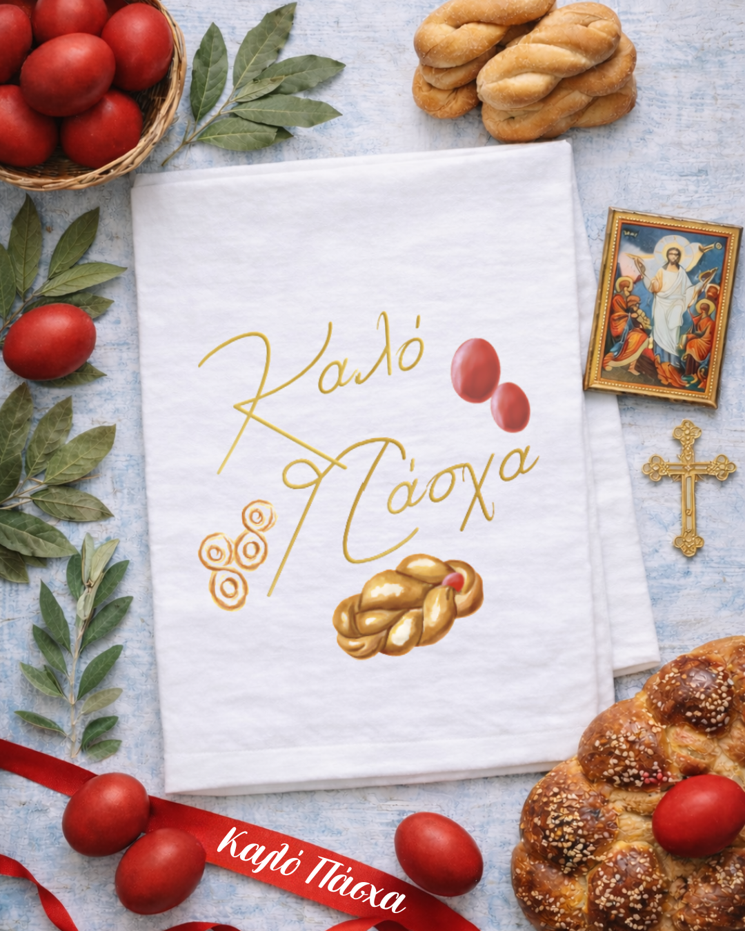 Greek Orthodox Easter tea towel flat lay with red eggs, tsoureki and Resurrection icon, designed and made in Australia.