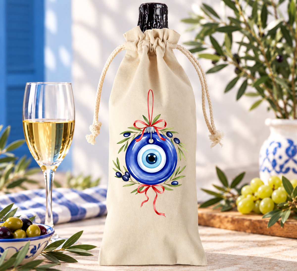 Natural linen wine bottle gift bag with Greek evil eye ornament, olive branches and red ribbon.