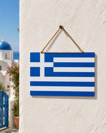 Greek flag aluminium sign hanging with cord on rendered wall