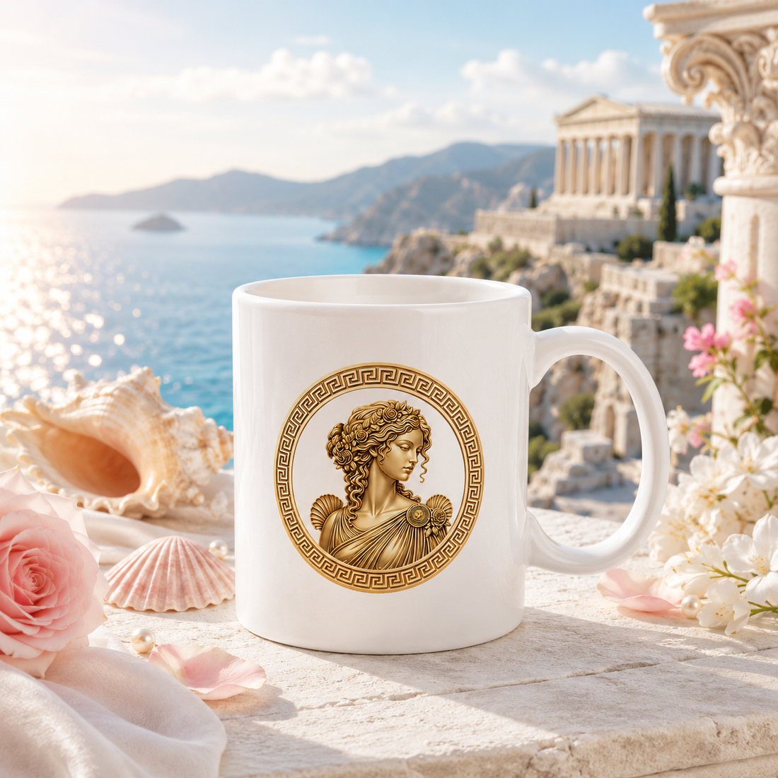 Greek Goddess ceramic mug with Greek mythology artwork, available in Aphrodite, Athena, Artemis, Demeter, Hestia and Persephone designs.