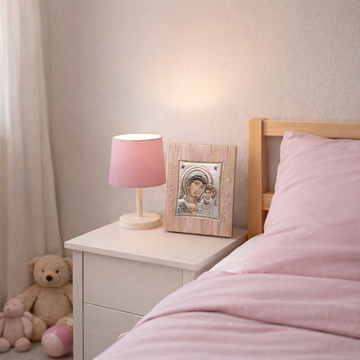 Pink and gold Panayia Megalochari Greek icon for girls room, handmade in Greece with 925 silver and Swarovski stones