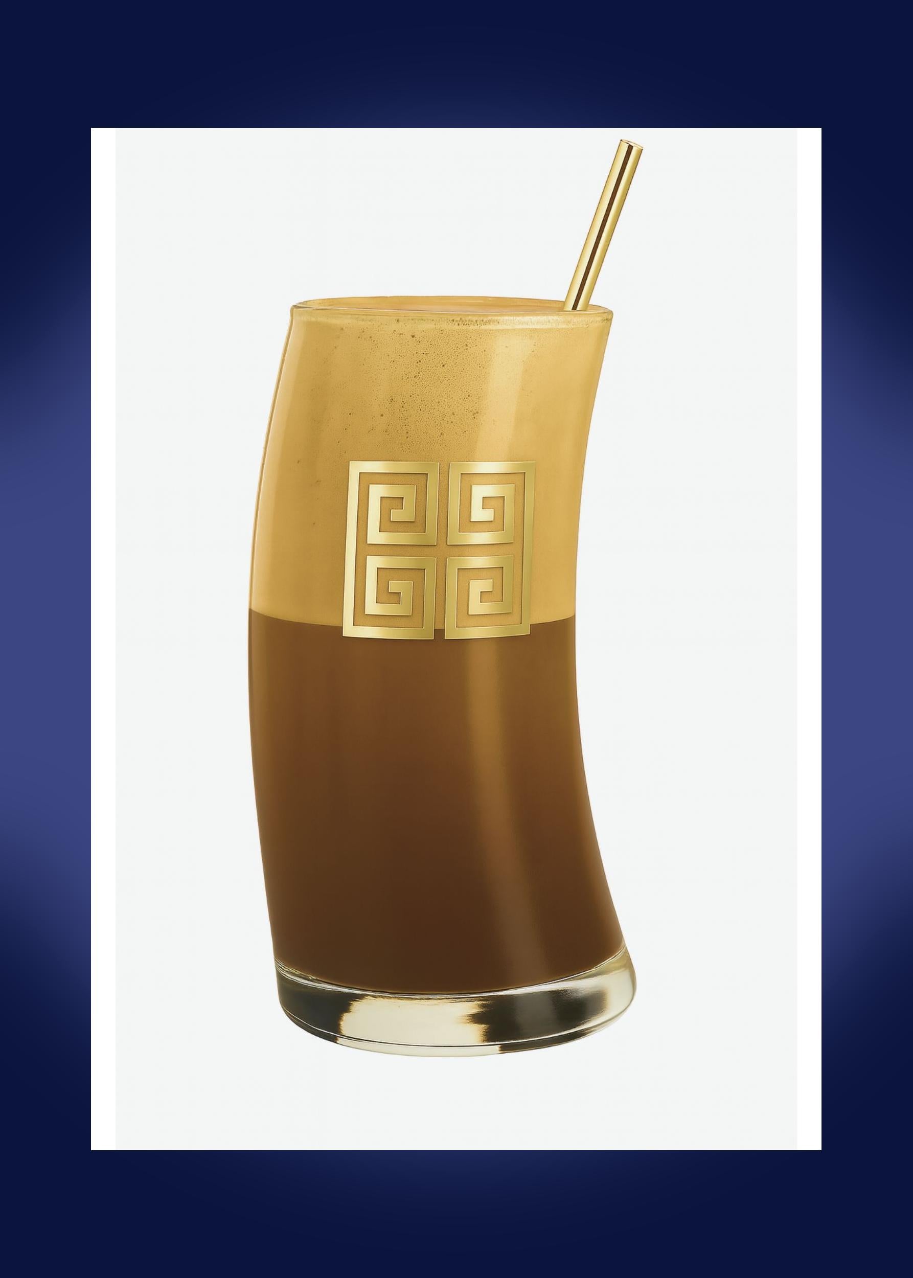 Limited Edition Greek Key Wave Frappe Glass 490ml on a soft Aegean blue background