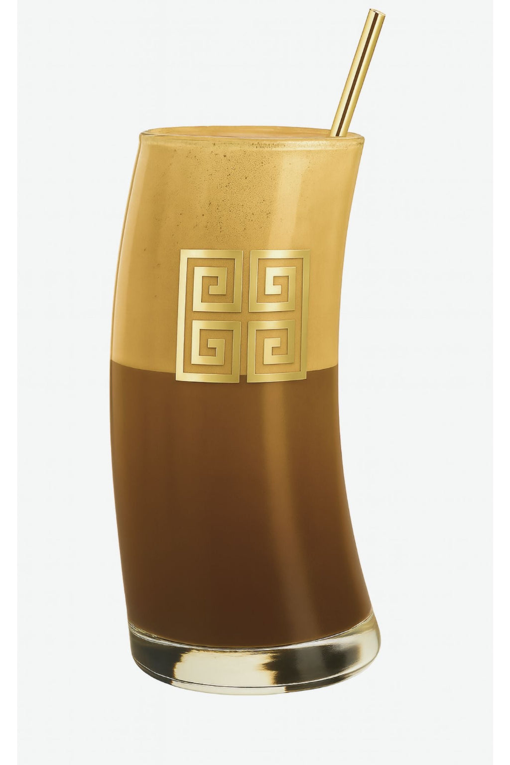 Limited Edition Wave Frappe Glass Greek Key 490 ml, gold motif and straw set.