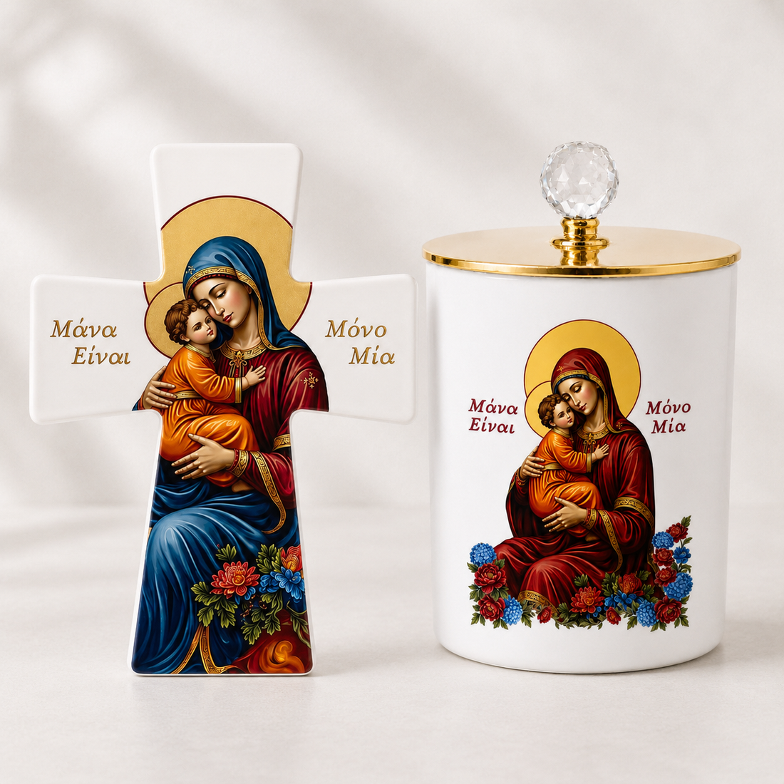 Greek Orthodox mother gift set with white livani candle and matching ceramic cross featuring the Virgin Mary and Christ Child