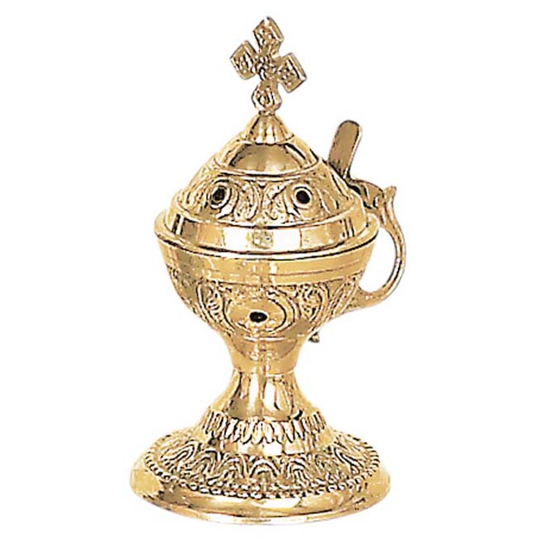 Greek Orthodox brass censer with decorative detailing, cross-topped lid, side handle and pedestal base, 14cm high.