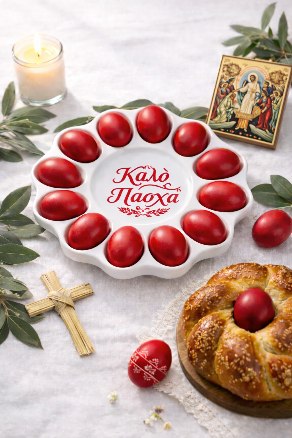 Decorative Easter tray for 12 red eggs available in Greek or English
