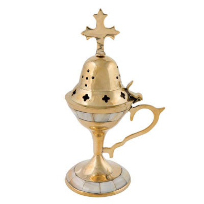 Greek Orthodox thimiato incense burner in brass and mother of pearl, traditional censer for prayer corner