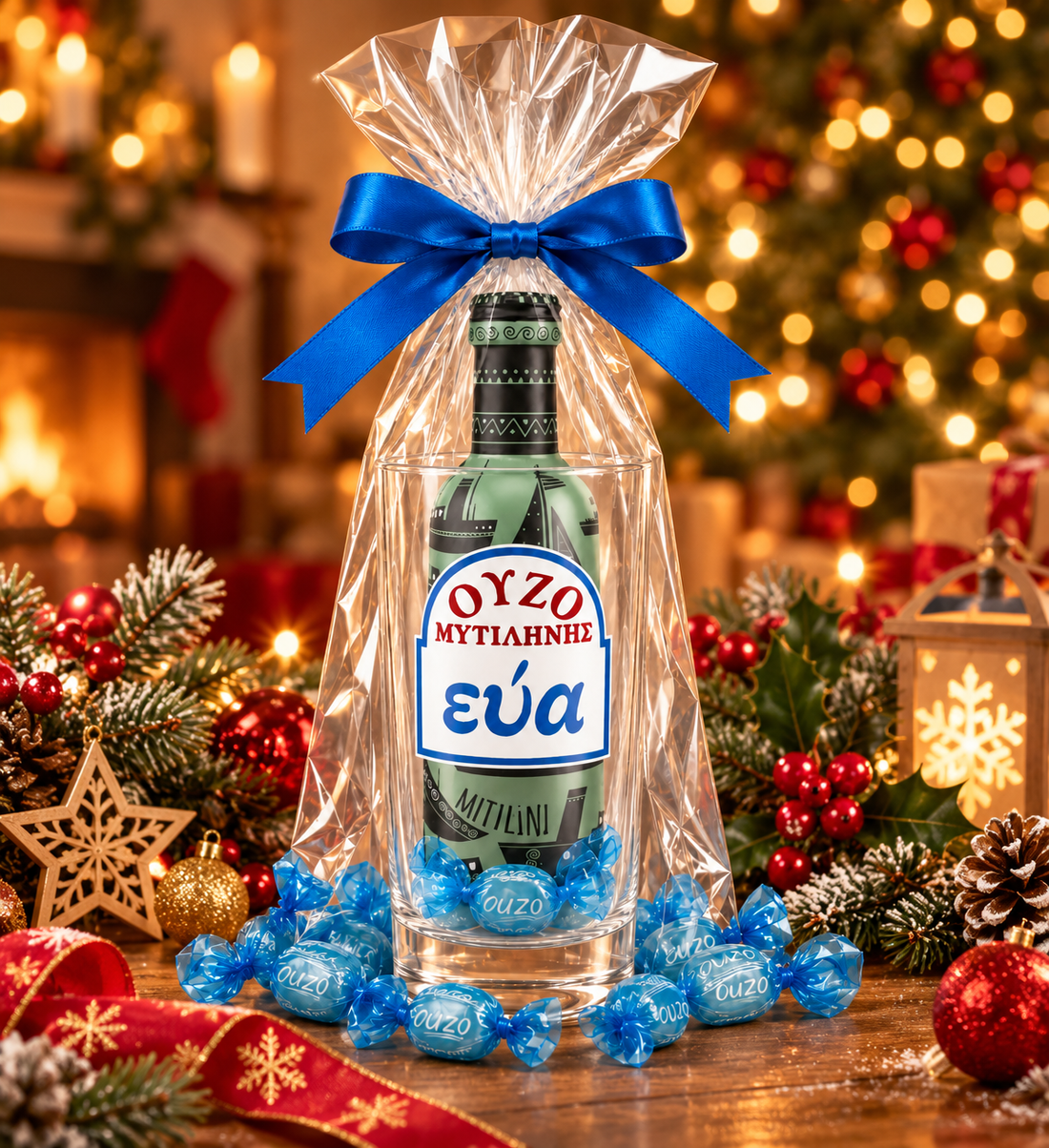 Greek ouzo Christmas gift set with Eva Mytilini ouzo bottle, branded glass, blue lollies and festive gift wrapping