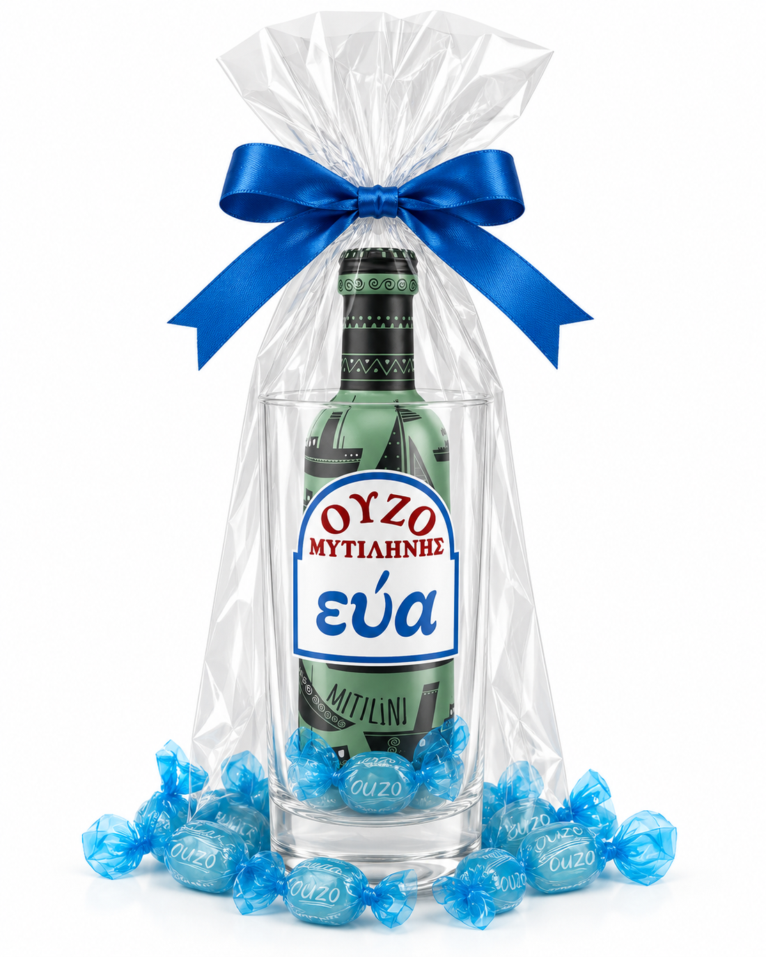Greek ouzo Christmas gift set with Eva Mytilini ouzo bottle, branded glass, blue lollies and festive gift wrapping